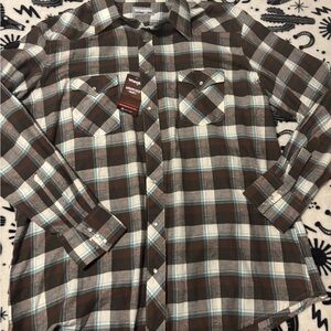 NWT Wrangler Men's Brown and Blue Plaid Button Down pearl snap Shirt